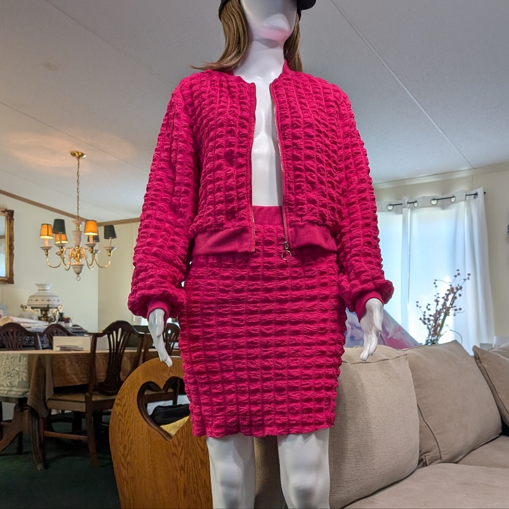 Small Medium Fuchsia Set Jolie & Joy Vibrant Pink Textured Jacket and Skirt Set